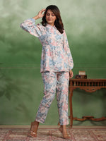 Silk Blend floral printed shirt collar co-ord - SanskrutiHomes