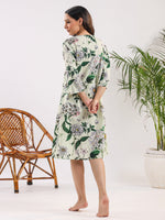 Sea Green Pure Cotton Floral Printed V-Neck Night Dress - SanskrutiHomes