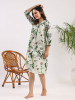 Sea Green Pure Cotton Floral Printed V-Neck Night Dress - SanskrutiHomes