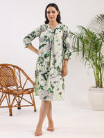 Sea Green Pure Cotton Floral Printed V-Neck Night Dress - SanskrutiHomes