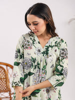 Sea Green Pure Cotton Floral Printed V-Neck Night Dress - SanskrutiHomes