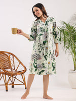 Sea Green Pure Cotton Floral Printed V-Neck Night Dress - SanskrutiHomes