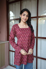 Maroon Floral Print Cotton Square Neck Top for Women - SanskrutiHomes