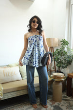 Blue Floral Print Cotton Tie-Up Neck Top for Women - SanskrutiHomes