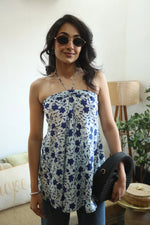 Blue Floral Print Cotton Tie-Up Neck Top for Women - SanskrutiHomes