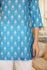 Blue Solid Cotton V-Neck Top for Women - SanskrutiHomes