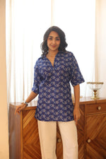 Blue Floral Print Cotton Shirt Collar Top for Women - SanskrutiHomes