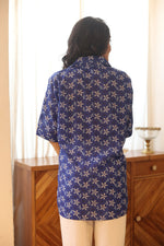 Blue Floral Print Cotton Shirt Collar Top for Women - SanskrutiHomes