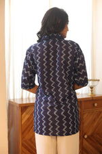 Navy Blue Geometric Cotton Shirt Collar Top for Women - SanskrutiHomes
