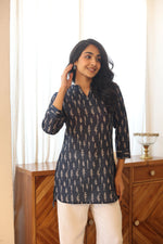 Blue Floral Print Cotton Mandarin Collar Top for Women - SanskrutiHomes
