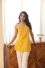 Yellow Geometric Print Cotton Square Neck Top for Women - SanskrutiHomes