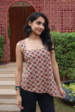 Brown Geometric Print Cotton Square Neck Top for Women - SanskrutiHomes