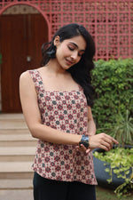 Brown Geometric Print Cotton Square Neck Top for Women - SanskrutiHomes