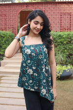 Green Floral Cotton Square Neck Top for Women - SanskrutiHomes