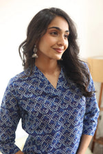 Blue Geometric Print Cotton V-Neck Top for Women - SanskrutiHomes