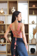 Peach Floral Printed Cotton Square Neck Top for Women - SanskrutiHomes
