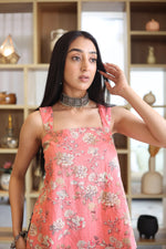 Peach Floral Printed Cotton Square Neck Top for Women - SanskrutiHomes