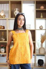 Yellow Abstract Print Cotton Square Neck Top for Women - SanskrutiHomes