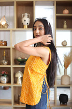 Yellow Abstract Print Cotton Square Neck Top for Women - SanskrutiHomes