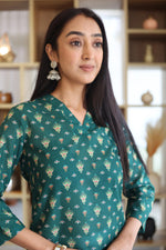 Green Printed Cotton Round Neck Top for Women - SanskrutiHomes