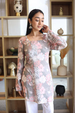 Grey Floral Print Square Neck Cotton Top for Women - SanskrutiHomes