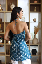 Navy Blue Printed Cotton V-Neck Top for Women - SanskrutiHomes