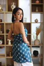 Navy Blue Printed Cotton V-Neck Top for Women - SanskrutiHomes