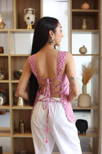 Pink Geometric Cotton Square Neck Top for Women - SanskrutiHomes