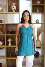 Teal Stripes Print Cotton V-Neck Top for Women - SanskrutiHomes