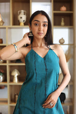 Teal Stripes Print Cotton V-Neck Top for Women - SanskrutiHomes