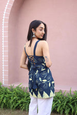 Navy Blue Floral Print Cotton Square Neck Top for Women - SanskrutiHomes