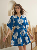 Blue Floral Printed V-Neck Dress for Women - SanskrutiHomes