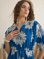 Blue Floral Printed V-Neck Dress for Women - SanskrutiHomes