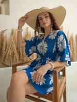 Blue Floral Printed V-Neck Dress for Women - SanskrutiHomes