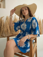 Blue Floral Printed V-Neck Dress for Women - SanskrutiHomes