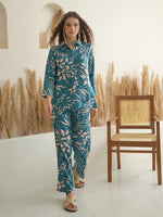 Blue Shirt Collar Viscose Rayon Printed Night Suit for Women - SanskrutiHomes