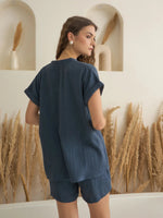 Blue Color V-Neck Pure Cotton Solid Co-ords Set for Women - SanskrutiHomes