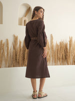 Brown Printed V-Neck Dress with Belt for Women - SanskrutiHomes