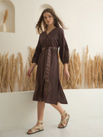 Brown Printed V-Neck Dress with Belt for Women - SanskrutiHomes