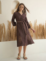 Brown Printed V-Neck Dress with Belt for Women - SanskrutiHomes