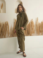 Olive Shirt Collar Pure Cotton Co-ords Set for Women - SanskrutiHomes