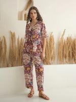 Rust Color V-Neck Pure Cotton Printed Co-ords Set for Women - SanskrutiHomes