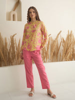 Mustard Mandarin Collar Cotton Shirt Printed Co-ords Set for Women - SanskrutiHomes