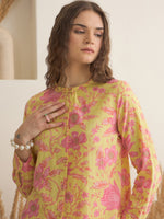 Mustard Mandarin Collar Cotton Shirt Printed Co-ords Set for Women - SanskrutiHomes