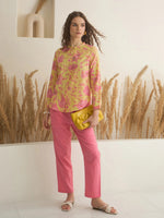 Mustard Mandarin Collar Cotton Shirt Printed Co-ords Set for Women - SanskrutiHomes