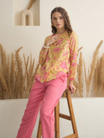 Mustard Mandarin Collar Cotton Shirt Printed Co-ords Set for Women - SanskrutiHomes