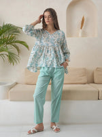 Blue V-Neck Pure Cotton Top Printed Co-ords Set for Women - SanskrutiHomes