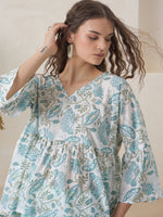 Blue V-Neck Pure Cotton Top Printed Co-ords Set for Women - SanskrutiHomes