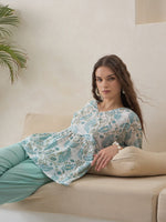 Blue V-Neck Pure Cotton Top Printed Co-ords Set for Women - SanskrutiHomes
