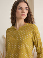 Yellow Round Neck Pure Cotton Printed Night Suit for Women - SanskrutiHomes